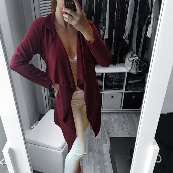 Wine Waterfall Collar Tie Waist Jacket - Picture 2 of 8